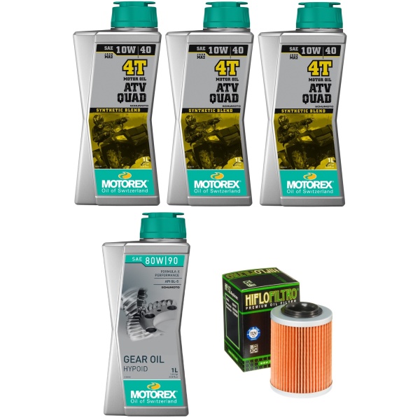 Pachet Revizie ATV Cf Moto CForce 450L/S, 520L/S, 550, 625 Touring/S, X8 3 Buc Ulei Motor Atv Motorex Atv Quad 4T 10W-40 1L MO 017417 + Ulei Transmisie Motorex Gear Oil Hypoid 80W-90 1L MO 115311 + Filtru Ulei Moto Hiflofiltro HF152